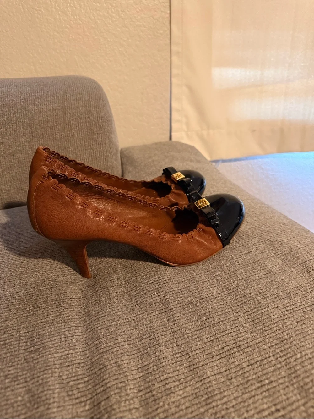 Tory Burch Brown Leather Pumps with Black Patent Cap Toe and Bow Accent